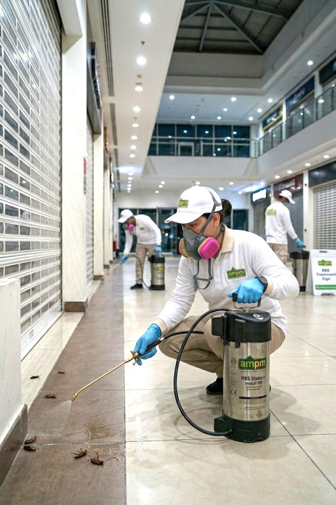 Spray treatment in a shopping mall